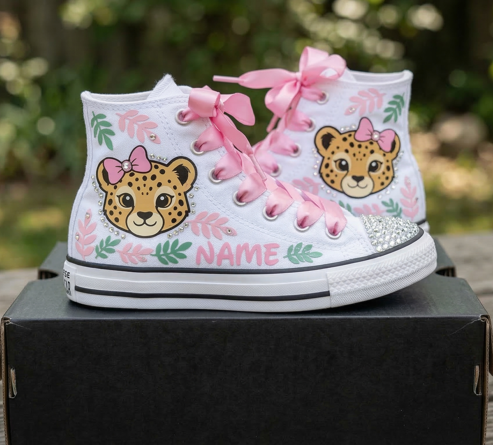 Custom Cute Safari Cheetah Face High-Top Sneakers Shoes Personalized with Name, Ribbon Laces & Rhinestones Birthday Parties Everyday Gift