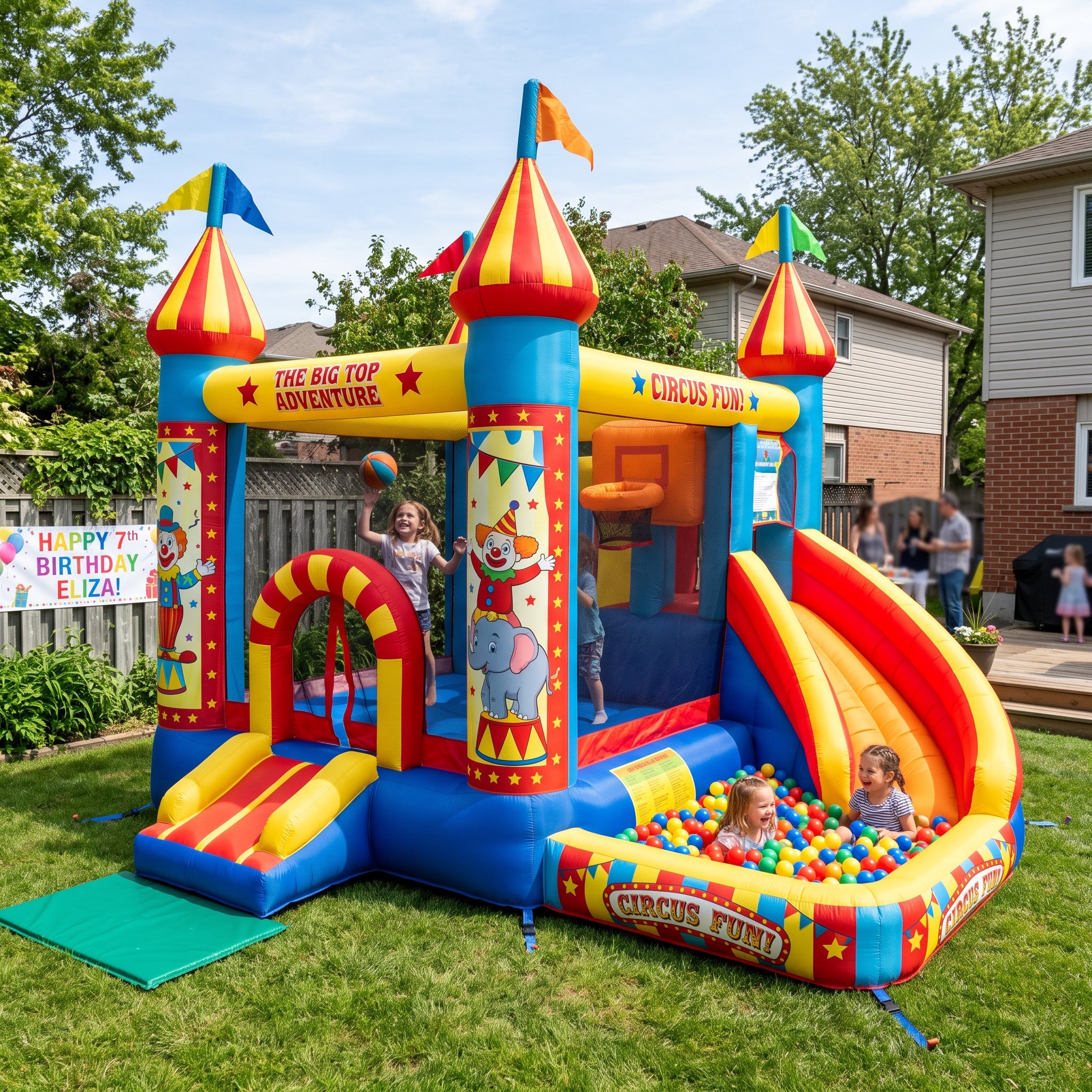 Play Bounce House Jumping Playhouse area with Slide and Ball Pit Circus Theme