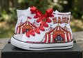 Custom Red Circus Tent High-Top Sneakers Shoes Personalized with Name, Ribbon Laces & Rhinestones Birthday Parties Everyday Gift