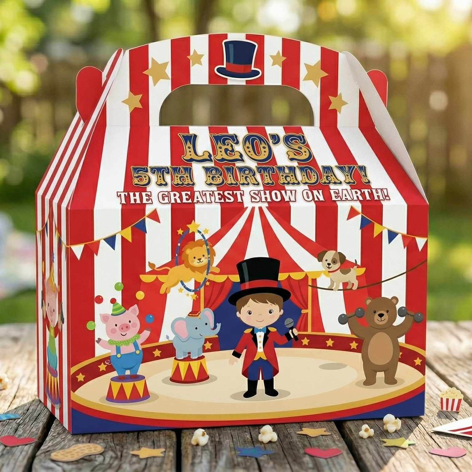 (Pack of 6) Red Circus Tent Custom Personalized Birthday Party Favor Gable Treat Boxes