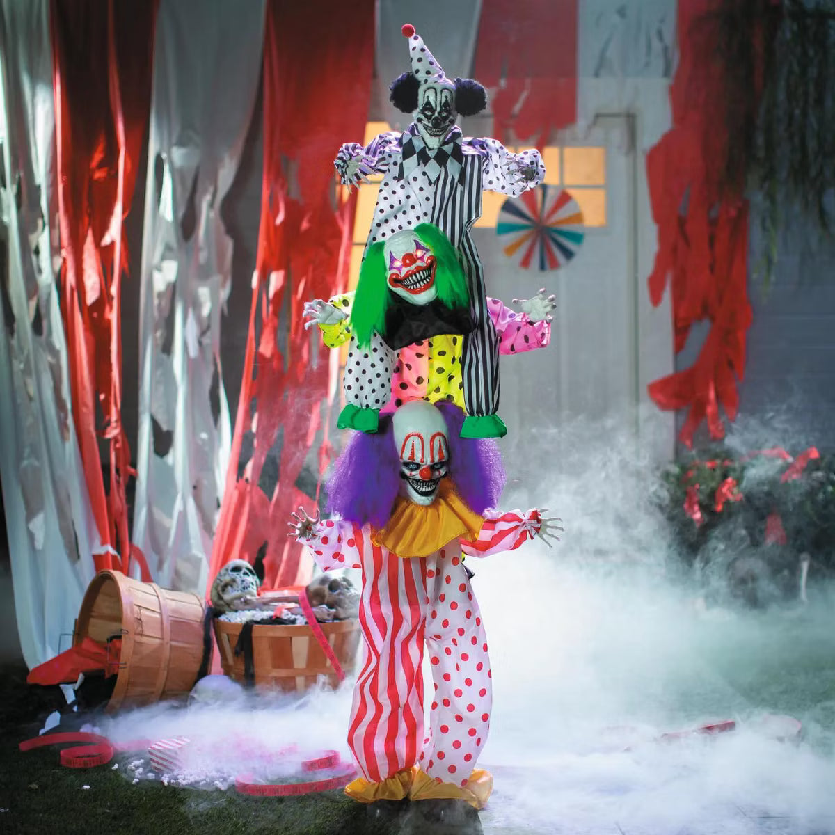 5.10' Three Creepy Clown Stack Halloween Home Decor Accent Yard Prop