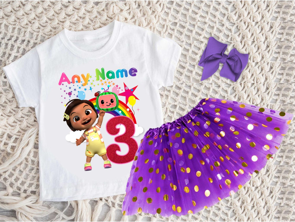 CoComelon Girl Nina Tutu Set Girls Personalized Custom Purple Gold Polka Dots Tutu Outfit Dress Theme Cake Smash Birthday Party