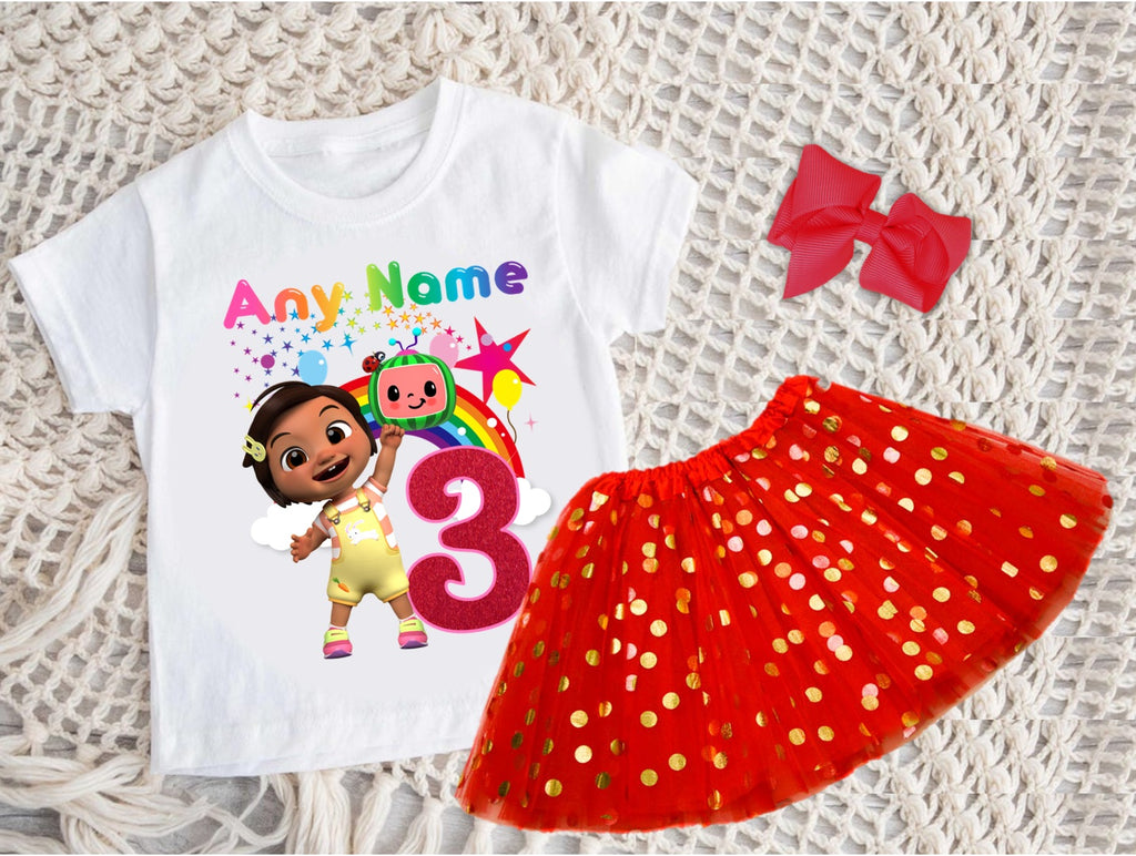CoComelon Girl Nina Tutu Set Girls Personalized Custom Red Gold Polka Dots Tutu Outfit Dress Theme Cake Smash Birthday Party