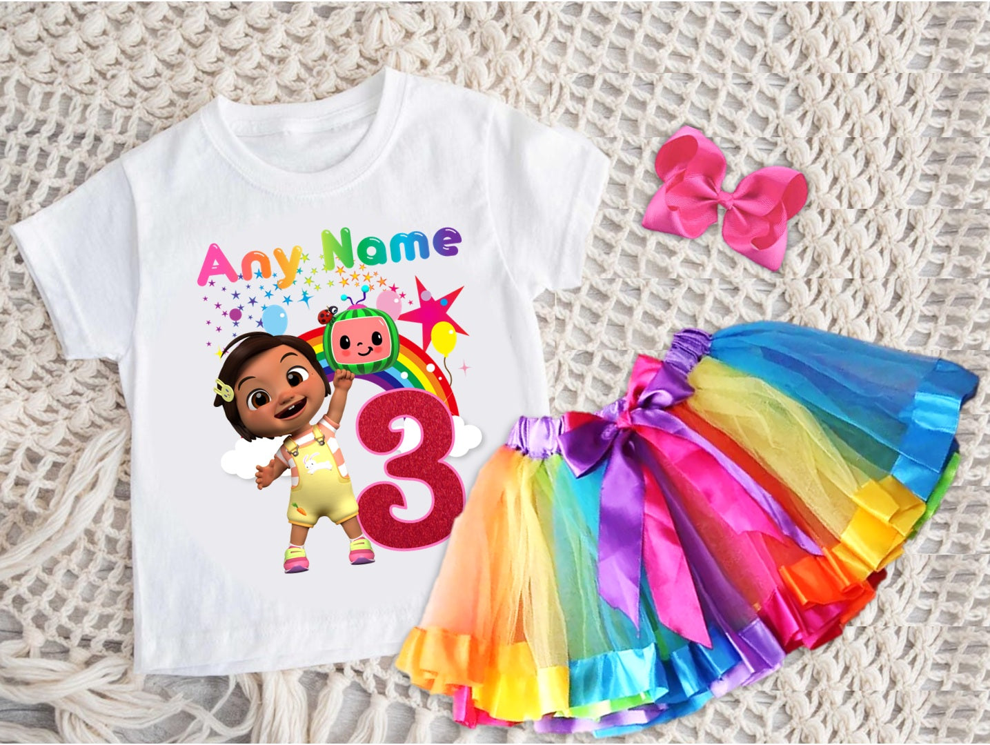 CoComelon Girl Nina Tutu Set Girls Personalized Custom Rainbow Ribbon Tutu Outfit Dress Theme Cake Smash Birthday Party