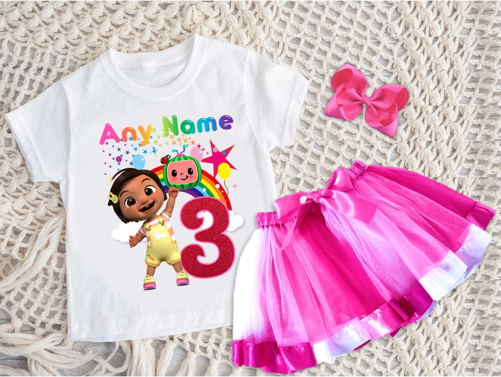 CoComelon Girl Nina Tutu Set Girls Personalized Custom Hot Pink White Pink Ribbon Tutu Outfit Dress Theme Cake Smash Birthday Party