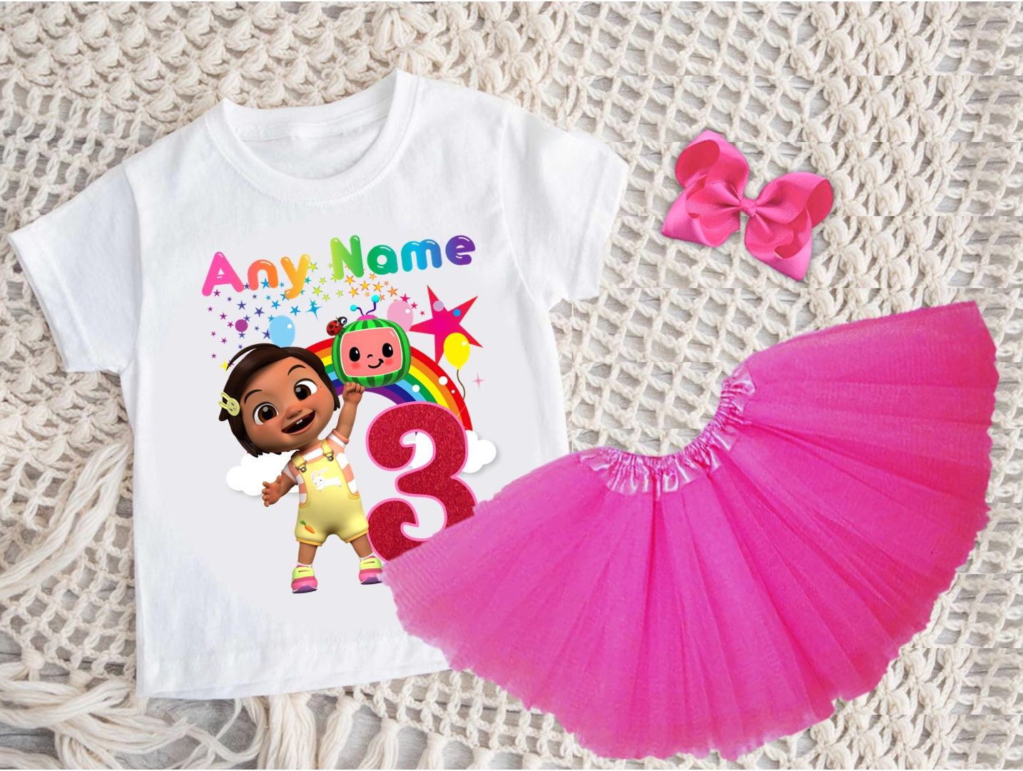 CoComelon Girl Nina Tutu Set Girls Personalized Custom Hot Pink 3 Layer Tutu Outfit Dress Theme Cake Smash Birthday Party