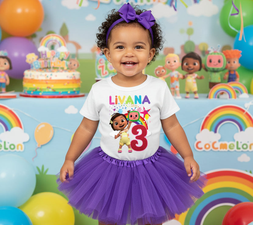 CoComelon Girl Nina Tutu Set Girls Personalized Custom Purple 3 Layer Tutu Outfit Dress Theme Cake Smash Birthday Party