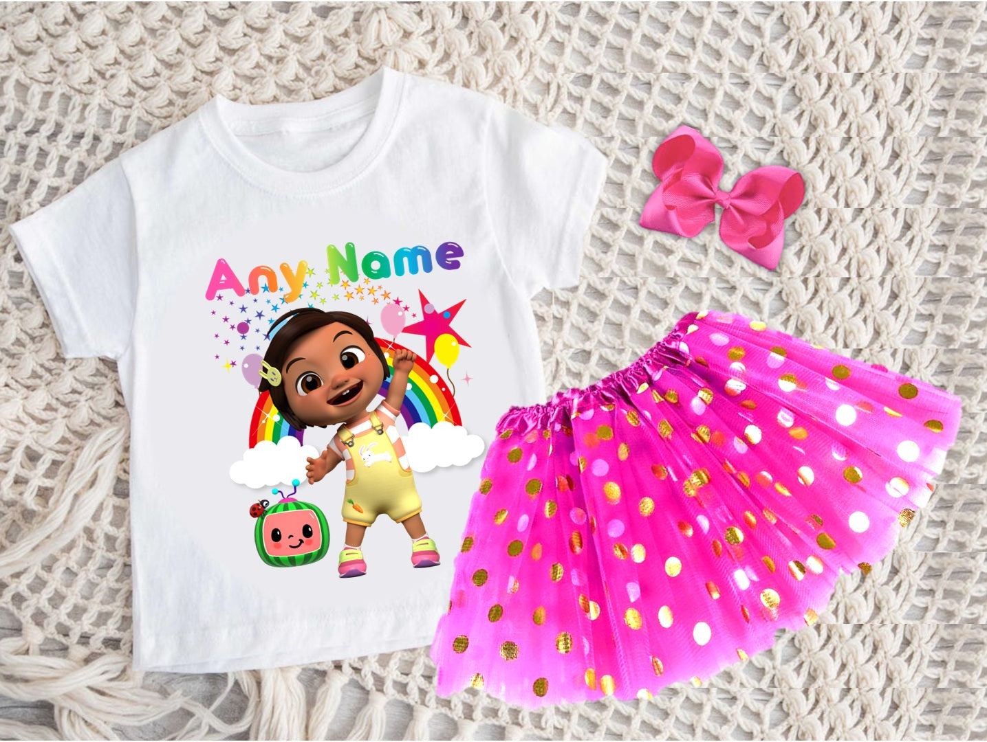CoComelon Girl Nina Tutu Set Girls Personalized Custom Hot Pink Gold Polka Dots Tutu Outfit Dress Theme Cake Smash Party