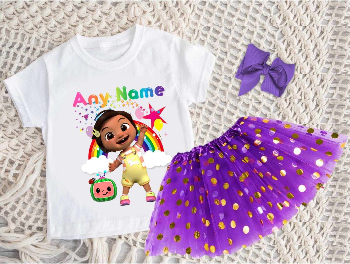 CoComelon Girl Nina Tutu Set Girls Personalized Custom Purple Gold Polka Dots Tutu Outfit Dress Theme Cake Smash Party