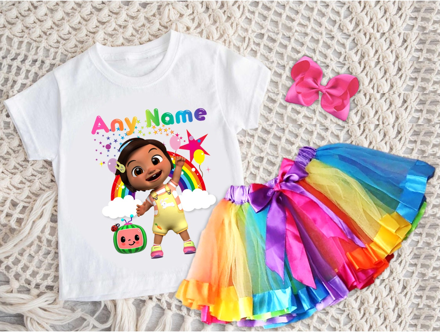CoComelon Girl Nina Tutu Set Girls Personalized Custom Rainbow Ribbon Tutu Outfit Dress Theme Cake Smash Party