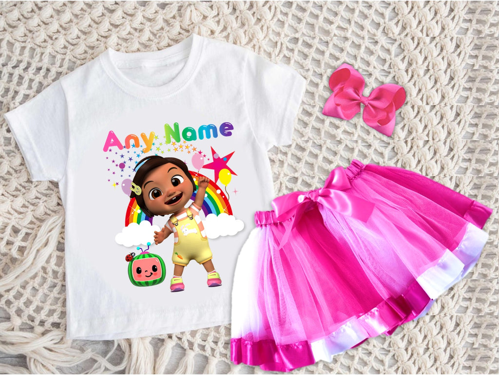 CoComelon Girl Nina Tutu Set Girls Personalized Custom Hot Pink White Pink Ribbon Tutu Outfit Dress Theme Cake Smash Party