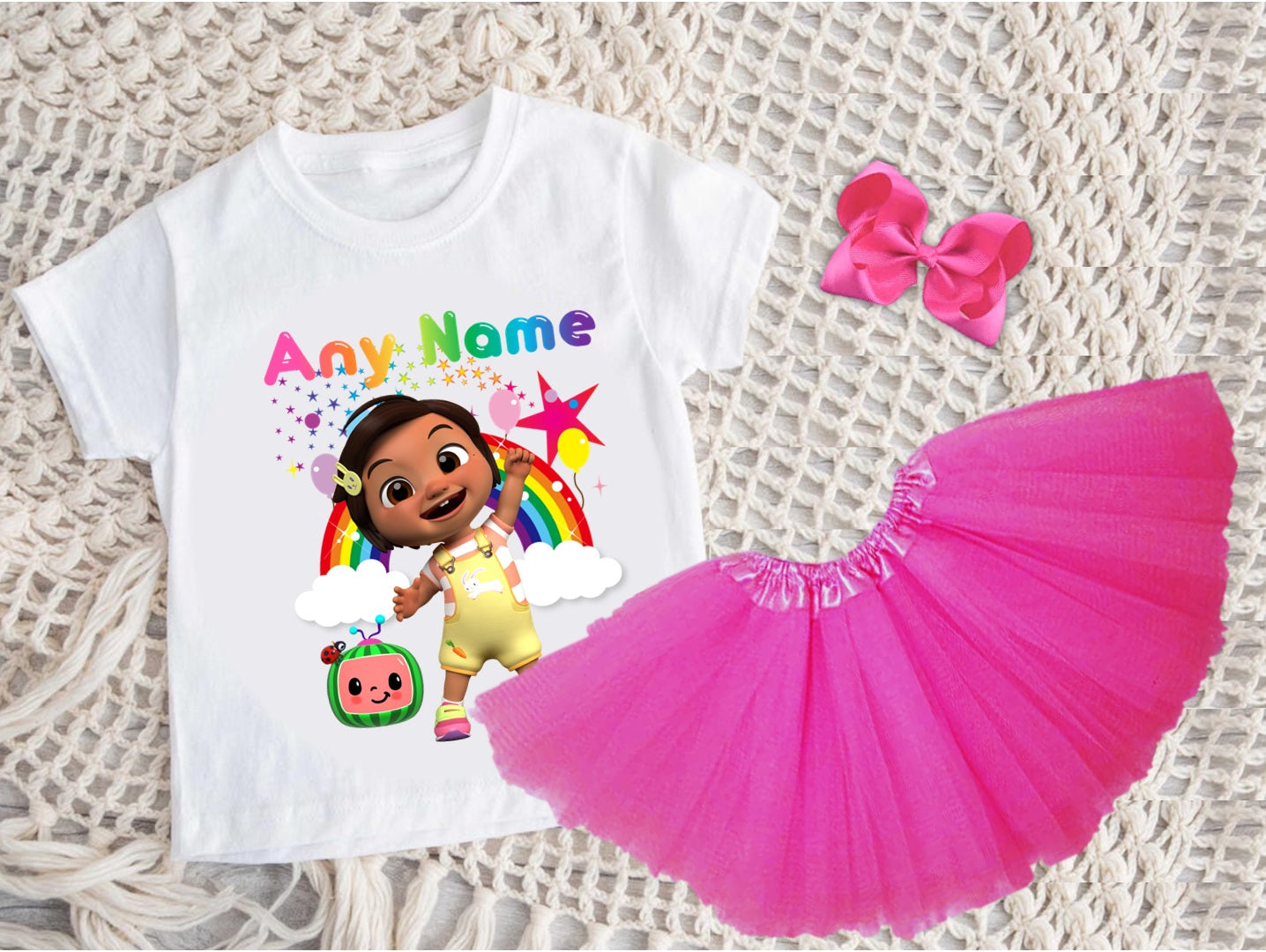 CoComelon Girl Nina Tutu Set Girls Personalized Custom Hot Pink 3 Layer Tutu Outfit Dress Theme Cake Smash Party