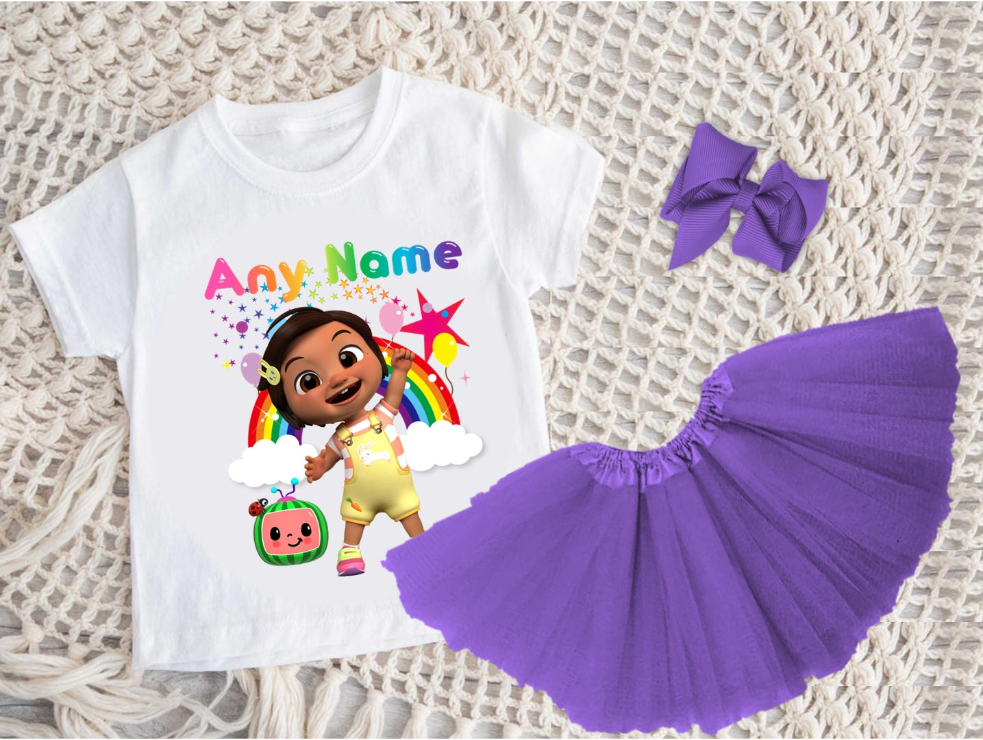 CoComelon Girl Nina Tutu Set Girls Personalized Custom Purple 3 Layer Tutu Outfit Dress Theme Cake Smash Party