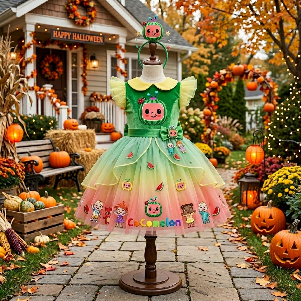 CoComelon Girls' Deluxe Sparkle Tutu Party Costume Dress Set with Matching Headband Halloween Birthday Pageant