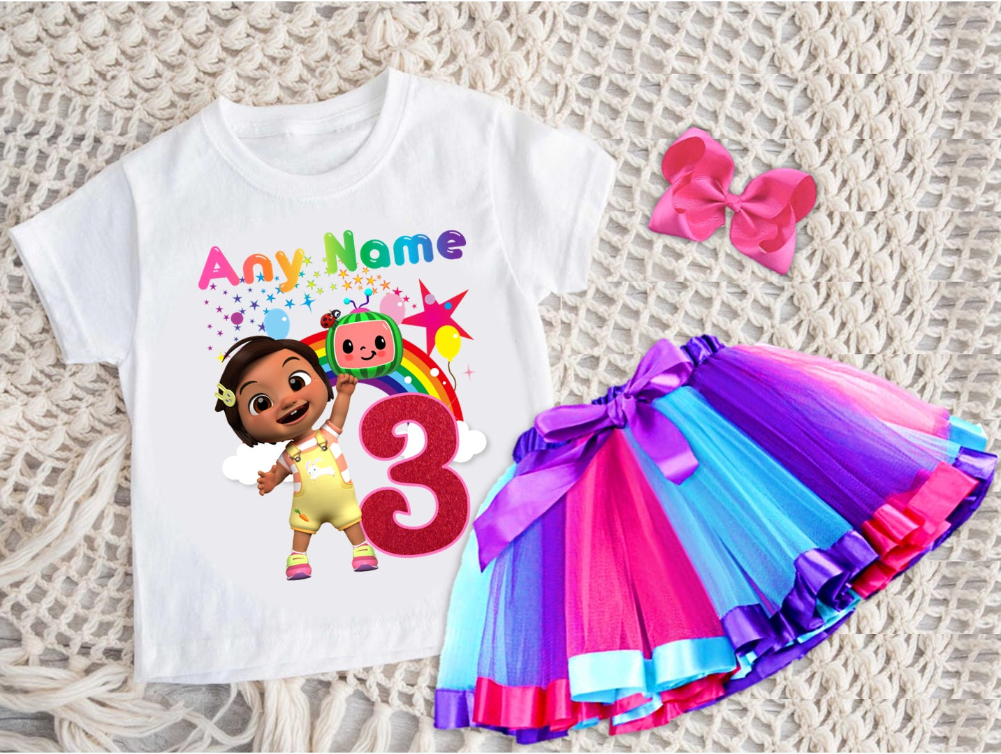 CoComelon Girl Nina Tutu Set Girls Personalized Custom Hot Pink Blue Purple Ribbon Tutu Outfit Dress Theme Cake Smash Birthday Party