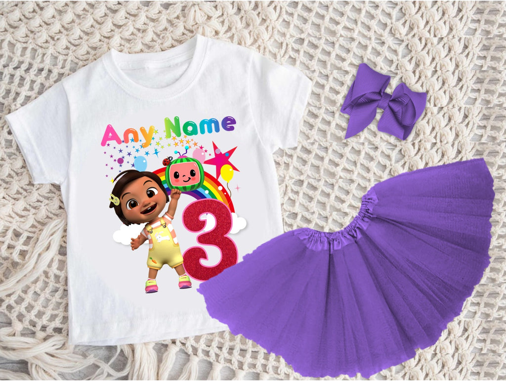 CoComelon Girl Nina Tutu Set Girls Personalized Custom Purple 3 Layer Tutu Outfit Dress Theme Cake Smash Birthday Party