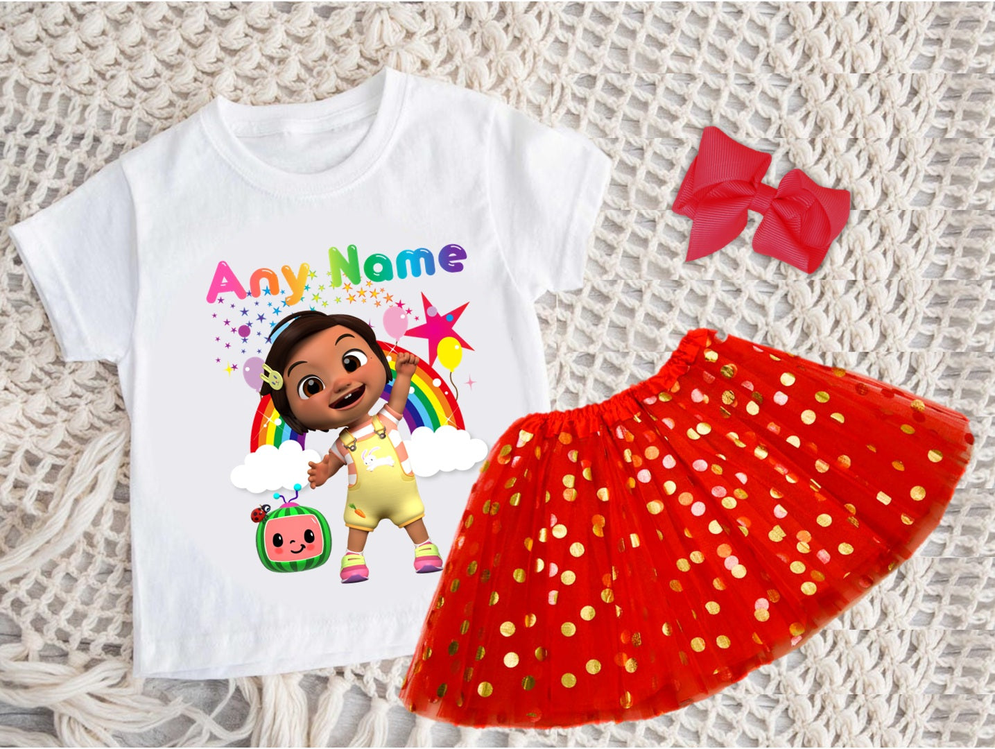 CoComelon Girl Nina Tutu Set Girls Personalized Custom Red Gold Polka Dots Tutu Outfit Dress Theme Cake Smash Party