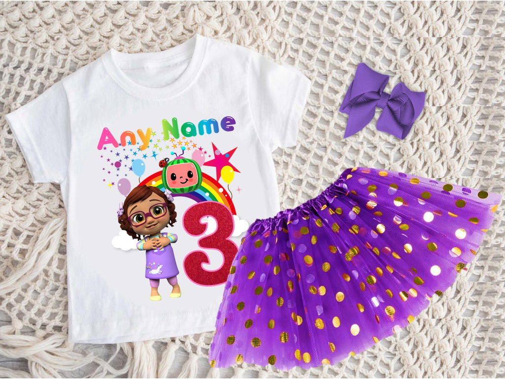 CoComelon Girl Bella Tutu Set Girls Personalized Custom Purple Gold Polka Dots Tutu Outfit Dress Theme Cake Smash Birthday Party