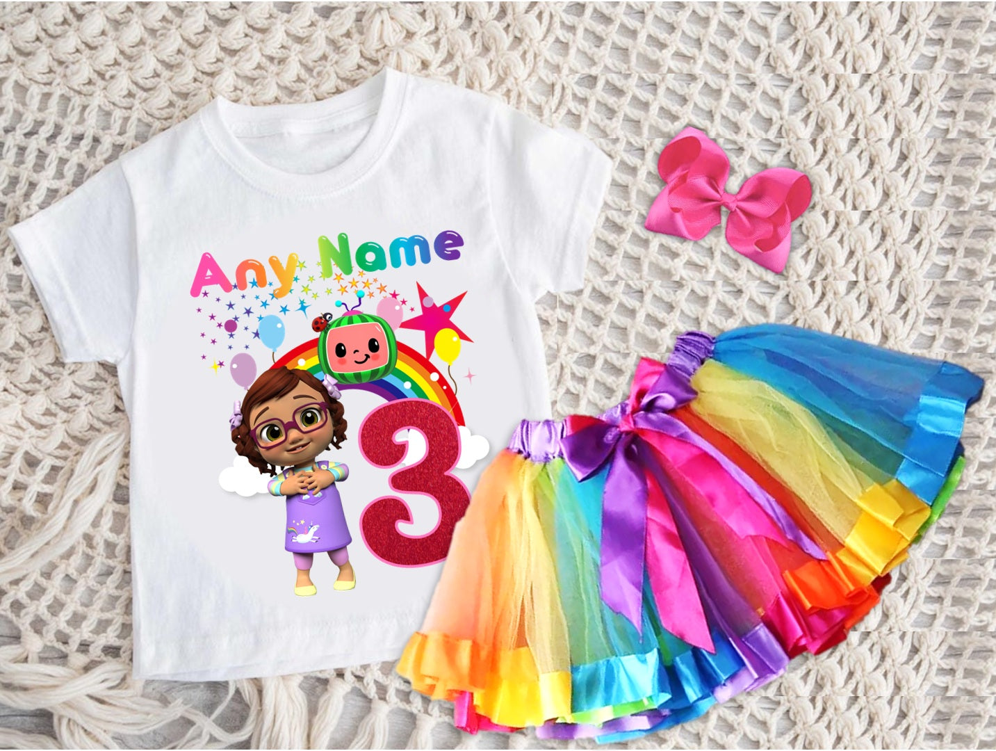 CoComelon Girl Bella Tutu Set Girls Personalized Custom Rainbow Ribbon Tutu Outfit Dress Theme Cake Smash Birthday Party