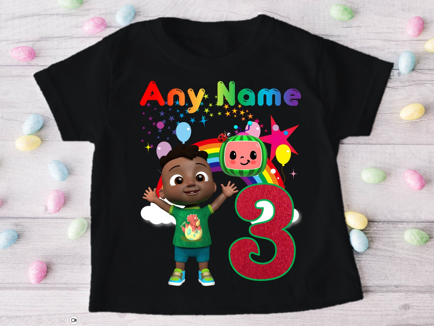 CoComelon Boy Cody Personalized Custom Black T-Shirt or Onesie Theme Cake Smash Birthday Party