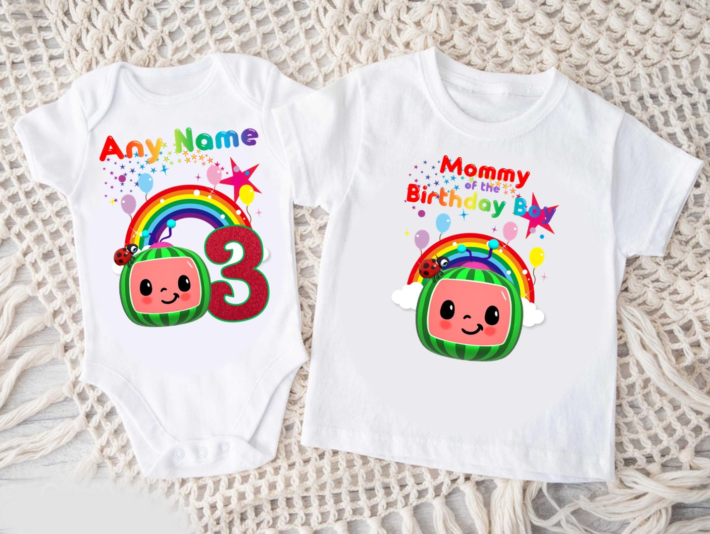 CoComelon Boys TV Melon Personalized Custom White Family T-Shirt or Onesie Pack Theme Cake Smash Birthday Party