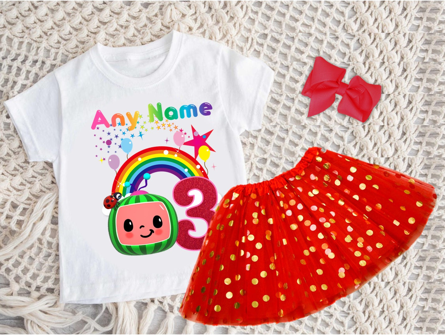 CoComelon Girls TV Melon Tutu Set Girls Personalized Custom Red Gold Polka Dots Tutu Outfit Dress Theme Cake Smash Birthday Party