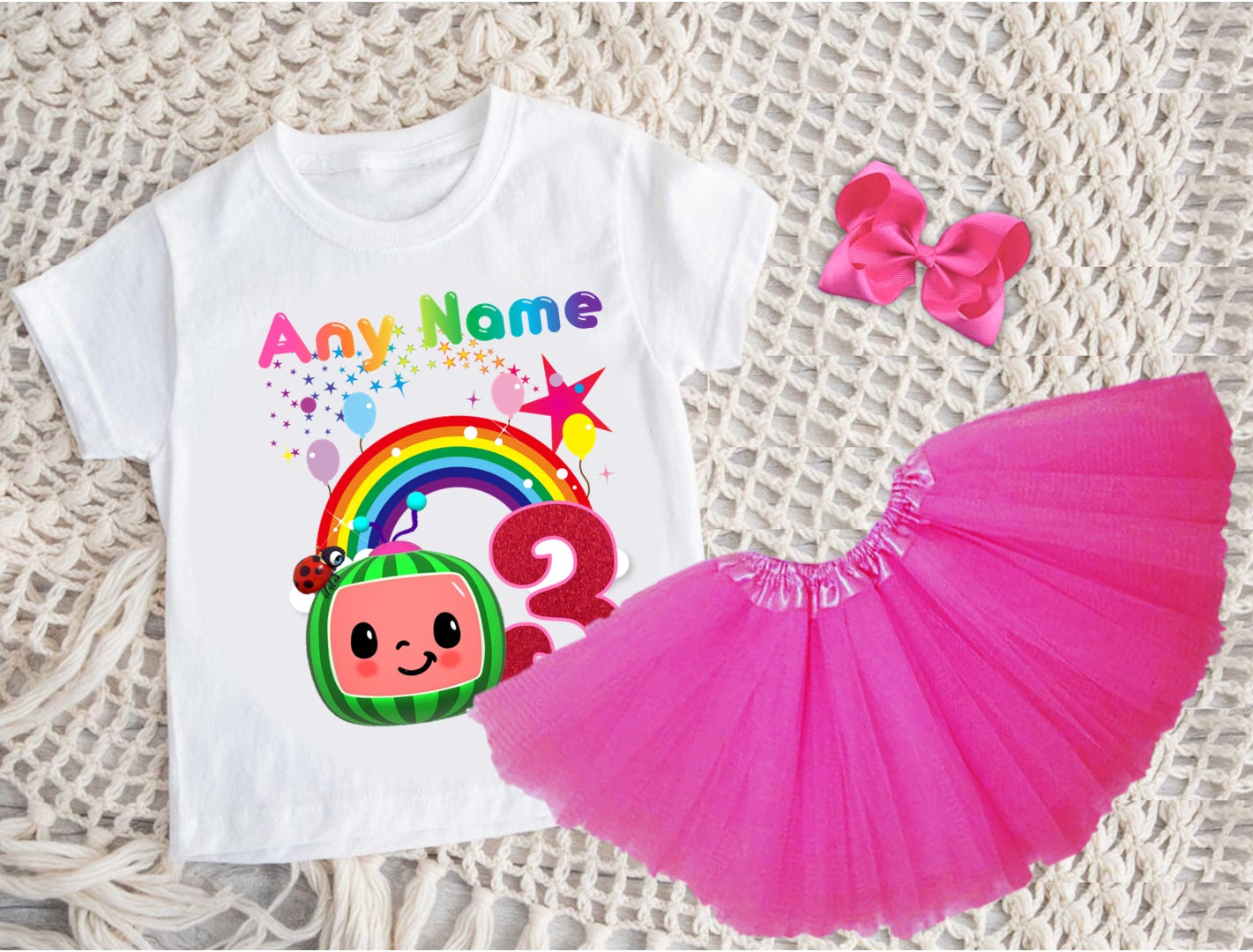 CoComelon Girls TV Melon Tutu Set Girls Personalized Custom Hot Pink 3 Layer Tutu Outfit Dress Theme Cake Smash Birthday Party