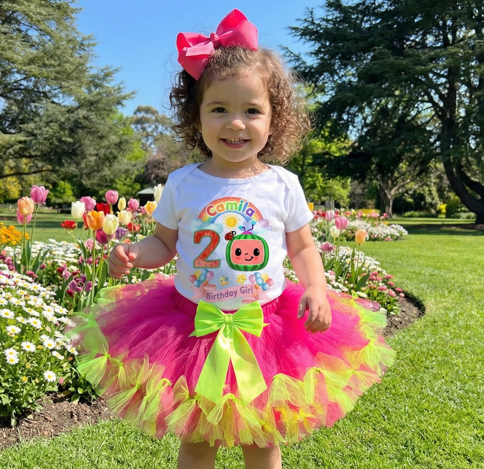 CoComelon TV Tutu Set Girls Personalized Custom Hot Pink Lime Green Knots Tutu Outfit Dress Theme Cake Smash Birthday Party