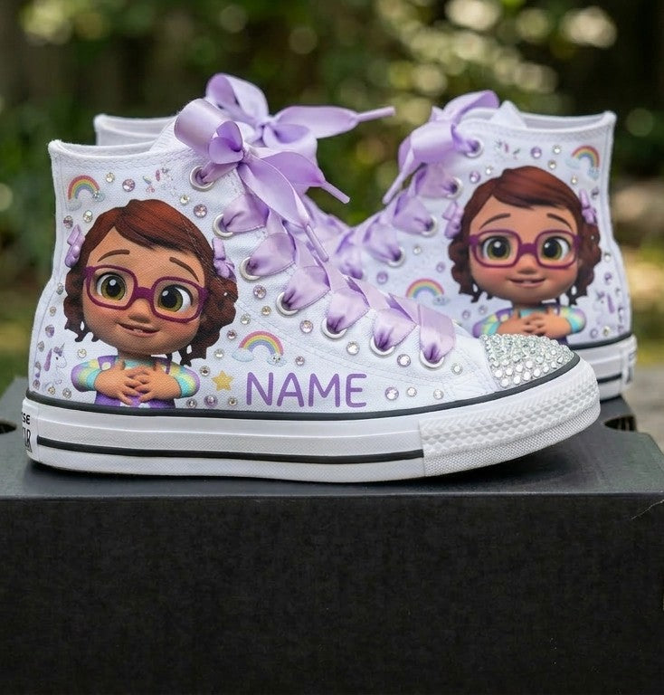 Custom CoComelon Bella High-Top Sneakers Shoes Personalized with Name, Ribbon Laces & Rhinestones Birthday Parties Everyday Gift