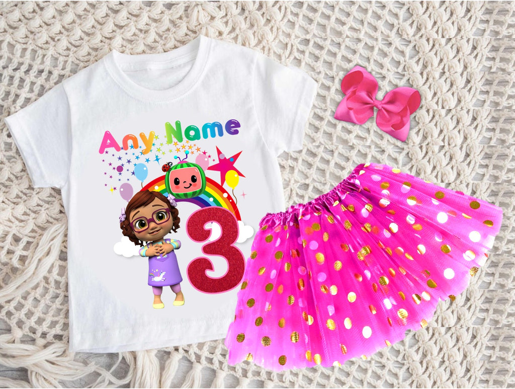 CoComelon Girl Bella Tutu Set Girls Personalized Custom Hot Pink Gold Polka Dots Tutu Outfit Dress Theme Cake Smash Birthday Party