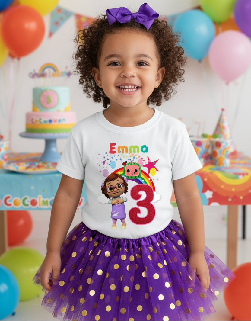 CoComelon Girl Bella Tutu Set Girls Personalized Custom Purple Gold Polka Dots Tutu Outfit Dress Theme Cake Smash Birthday Party