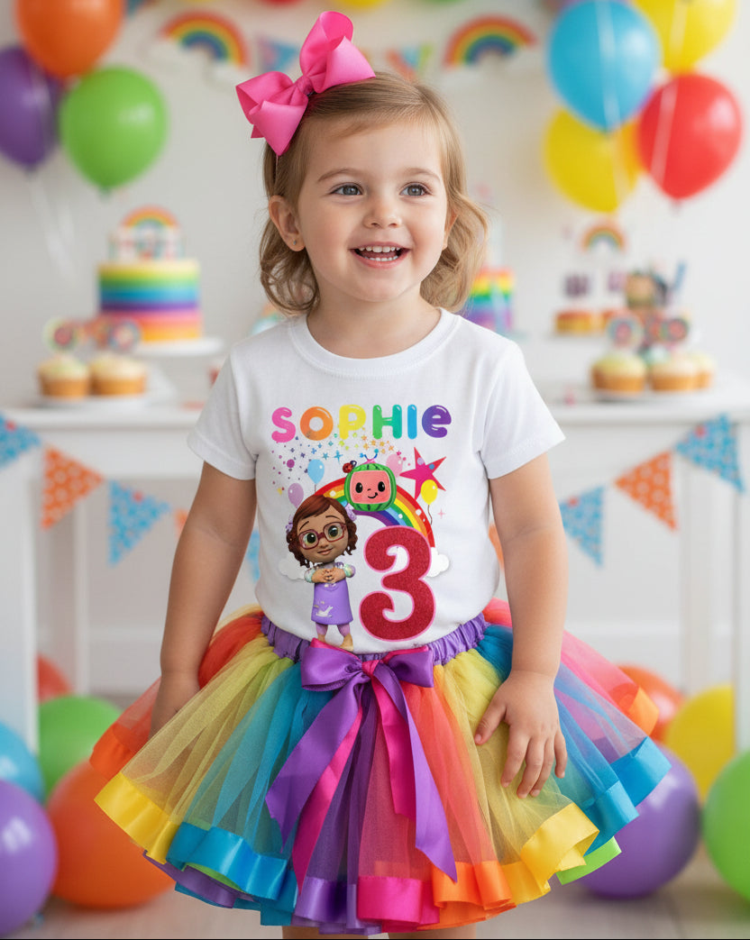 CoComelon Girl Bella Tutu Set Girls Personalized Custom Rainbow Ribbon Tutu Outfit Dress Theme Cake Smash Birthday Party