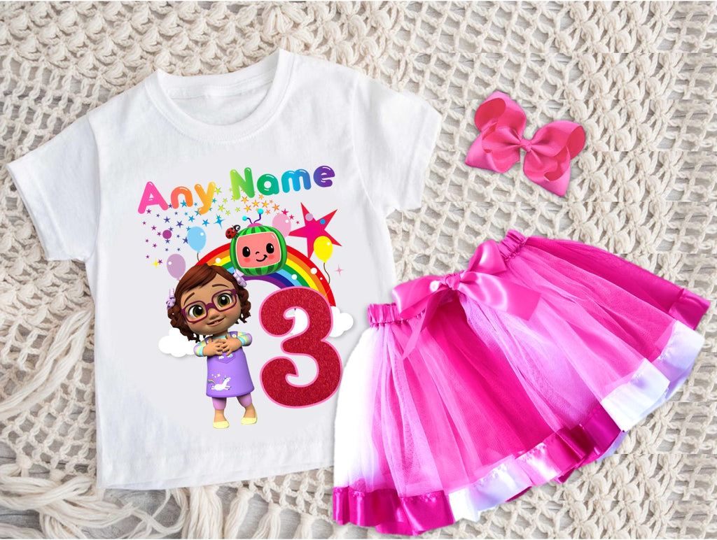 CoComelon Girl Bella Tutu Set Girls Personalized Custom Hot Pink White Pink Ribbon Tutu Outfit Dress Theme Cake Smash Birthday Party