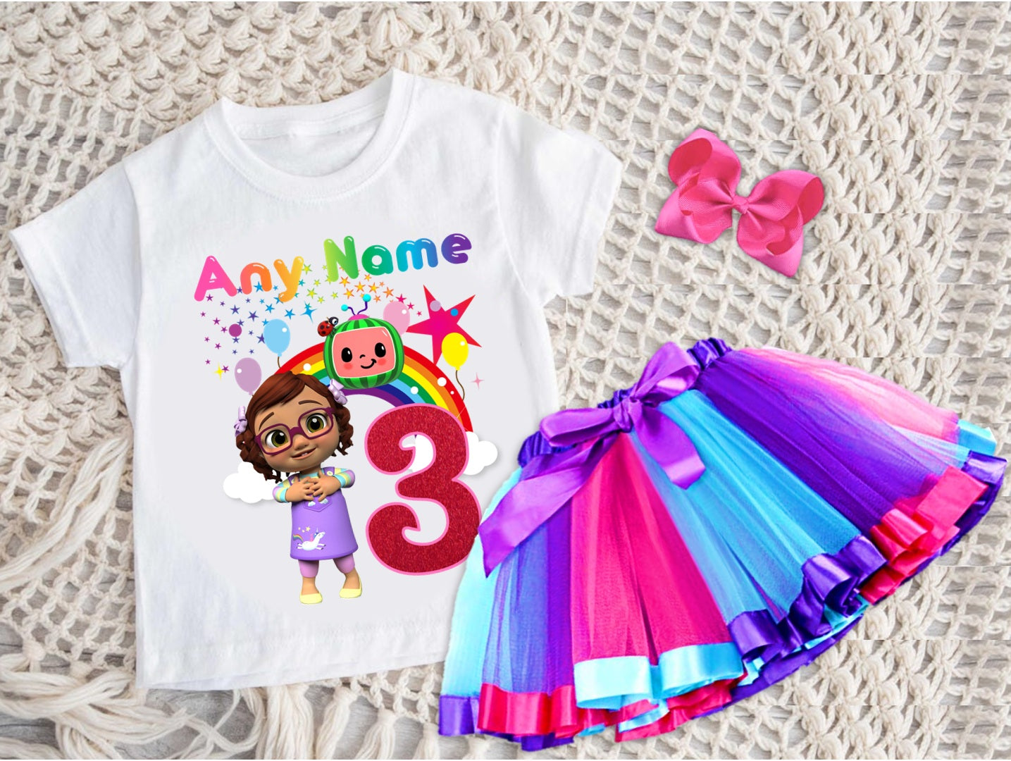 CoComelon Girl Bella Tutu Set Girls Personalized Custom Hot Pink Blue Purple Ribbon Tutu Outfit Dress Theme Cake Smash Birthday Party