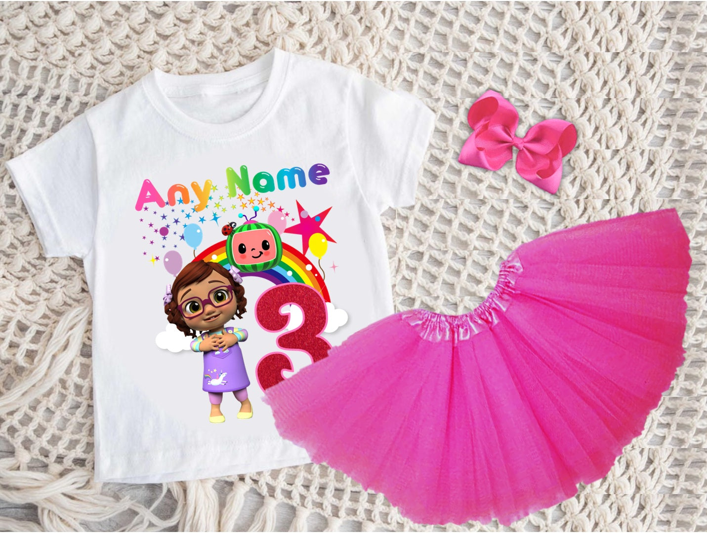 CoComelon Girl Bella Tutu Set Girls Personalized Custom Hot Pink 3 Layer Tutu Outfit Dress Theme Cake Smash Birthday Party