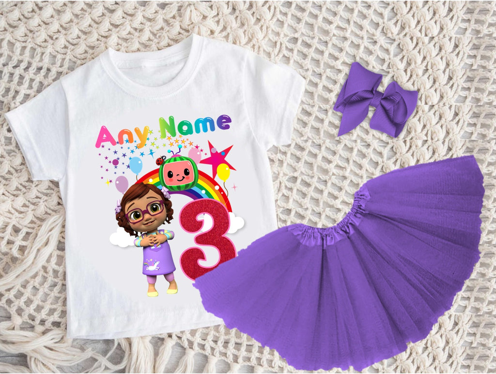 CoComelon Girl Bella Tutu Set Girls Personalized Custom Purple 3 Layer Tutu Outfit Dress Theme Cake Smash Birthday Party
