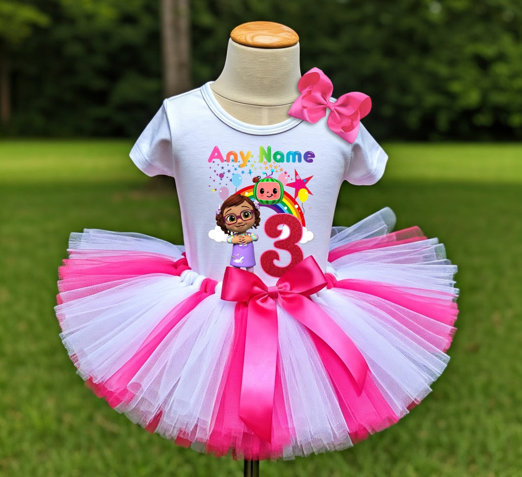 CoComelon Girl Bella Tutu Set Girls Personalized Custom Hot Pink White Pink Tutu Outfit Dress Theme Cake Smash Birthday Party