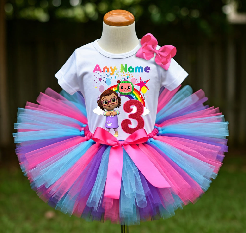 CoComelon Girl Bella Tutu Set Girls Personalized Custom Hot Pink Blue Purple Tutu Outfit Dress Theme Cake Smash Birthday Party