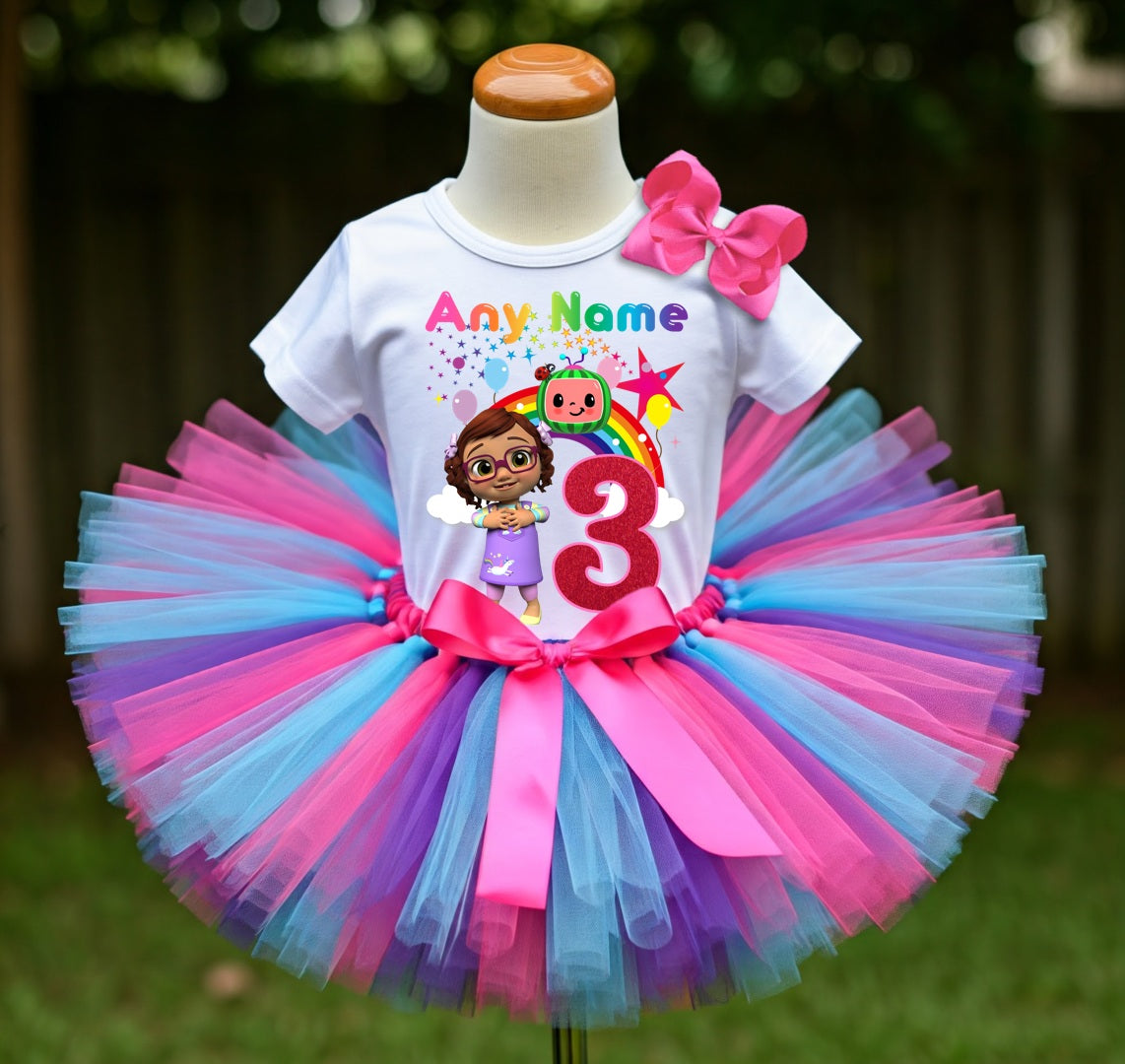 CoComelon Girl Bella Tutu Set Girls Personalized Custom Hot Pink Blue Purple Tutu Outfit Dress Theme Cake Smash Birthday Party