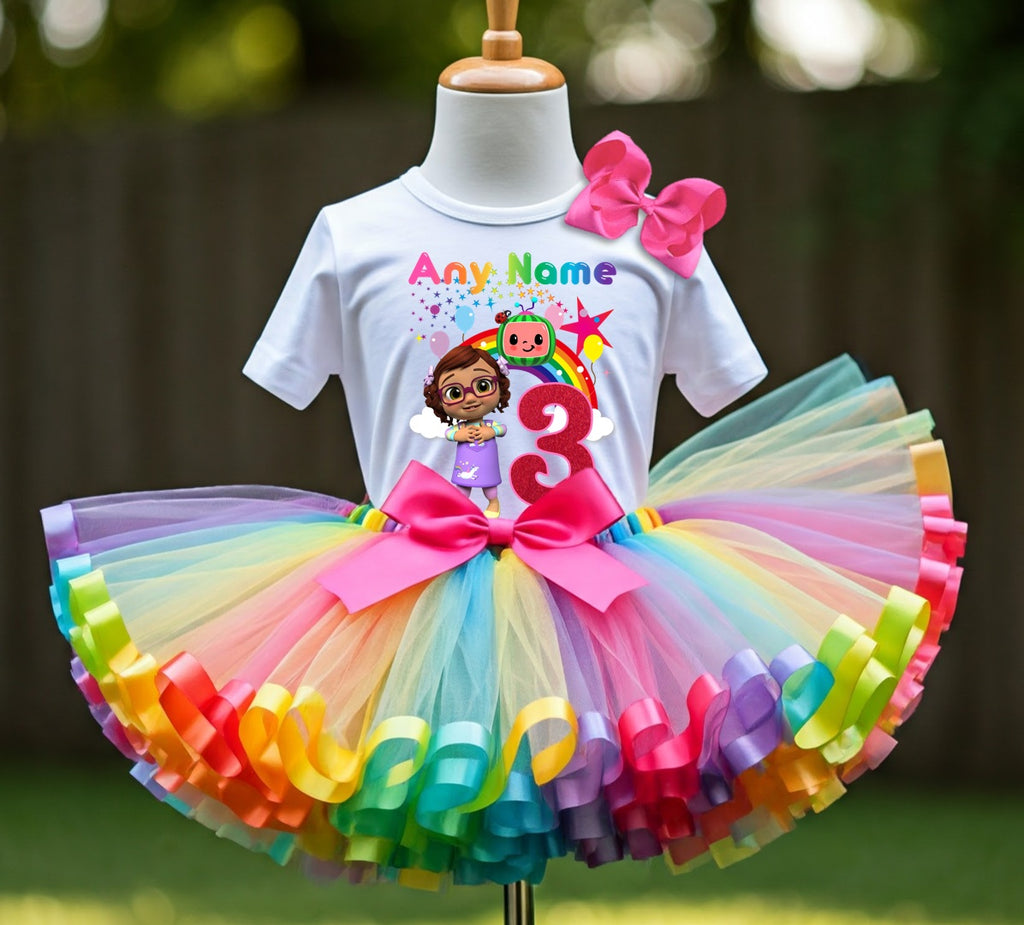 CoComelon Girl Bella Tutu Set Girls Personalized Custom Rainbow Ribbon Sewn Trim Tutu Outfit Dress Theme Cake Smash Birthday Party