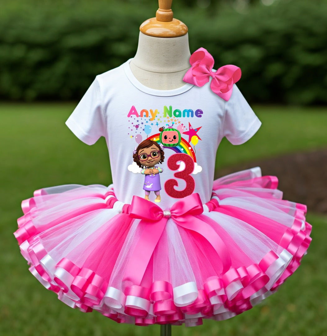 CoComelon Girl Bella Tutu Set Girls Personalized Custom Hot Pink White Pink Ribbon Sewn Trim Tutu Outfit Dress Theme Cake Smash Birthday Party