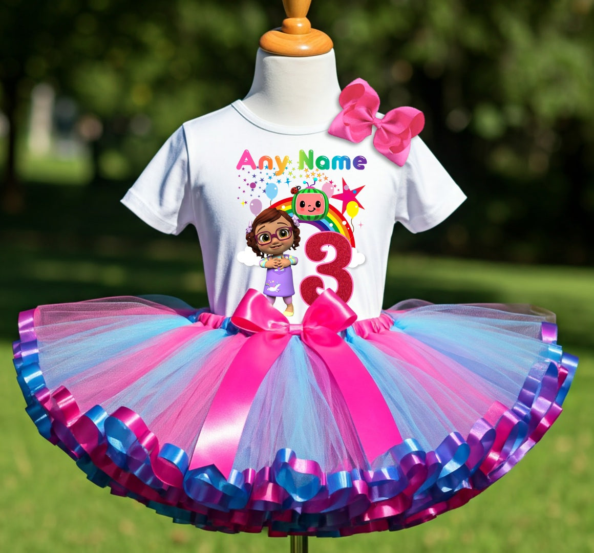 CoComelon Girl Bella Tutu Set Girls Personalized Custom Hot Pink Blue Purple Ribbon Sewn Trim Tutu Outfit Dress Theme Cake Smash Birthday Party