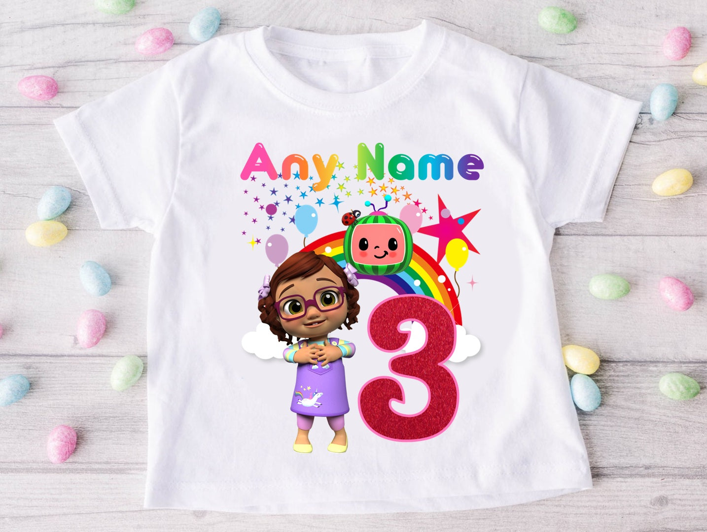 CoComelon Girl Bella Personalized Custom White T-Shirt or Onesie Theme Cake Smash Birthday Party