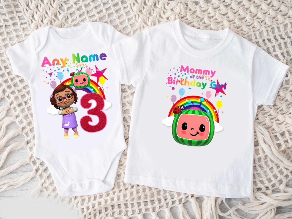 CoComelon Girl Bella Personalized Custom White Family T-Shirt or Onesie Pack Theme Cake Smash Birthday Party