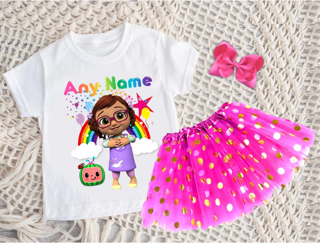 CoComelon Girl Bella Tutu Set Girls Personalized Custom Hot Pink Gold Polka Dots Tutu Outfit Dress Theme Cake Smash Party
