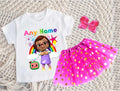 CoComelon Girl Bella Tutu Set Girls Personalized Custom Hot Pink Gold Polka Dots Tutu Outfit Dress Theme Cake Smash Party