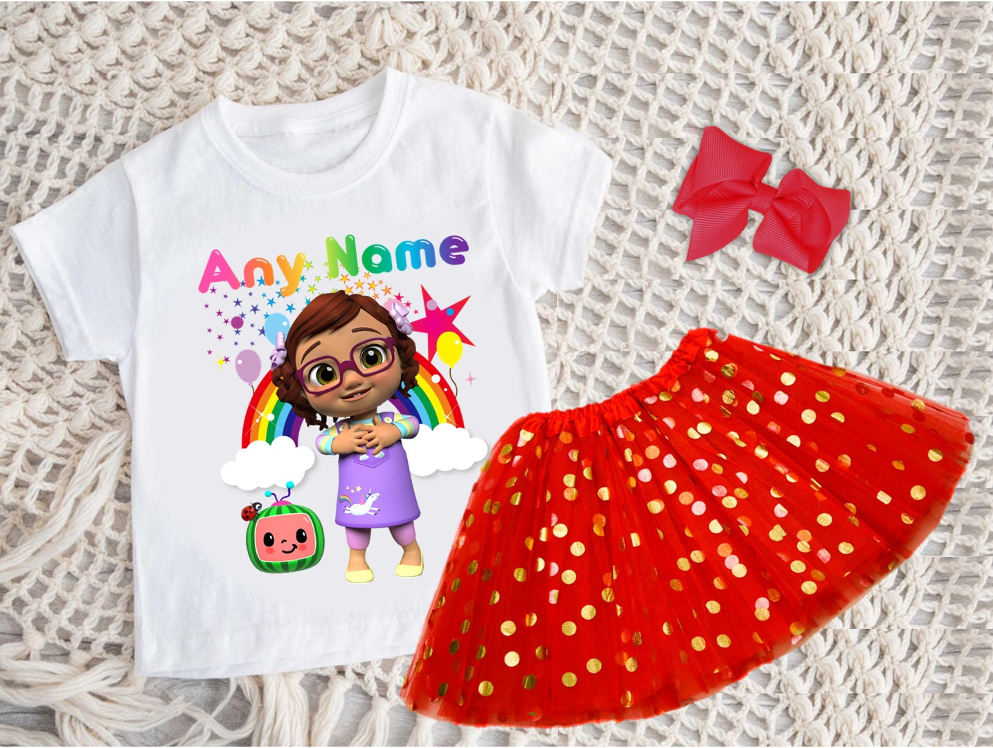 CoComelon Girl Bella Tutu Set Girls Personalized Custom Red Gold Polka Dots Tutu Outfit Dress Theme Cake Smash Party