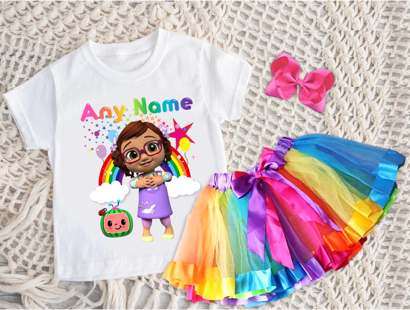 CoComelon Girl Bella Tutu Set Girls Personalized Custom Rainbow Ribbon Tutu Outfit Dress Theme Cake Smash Party