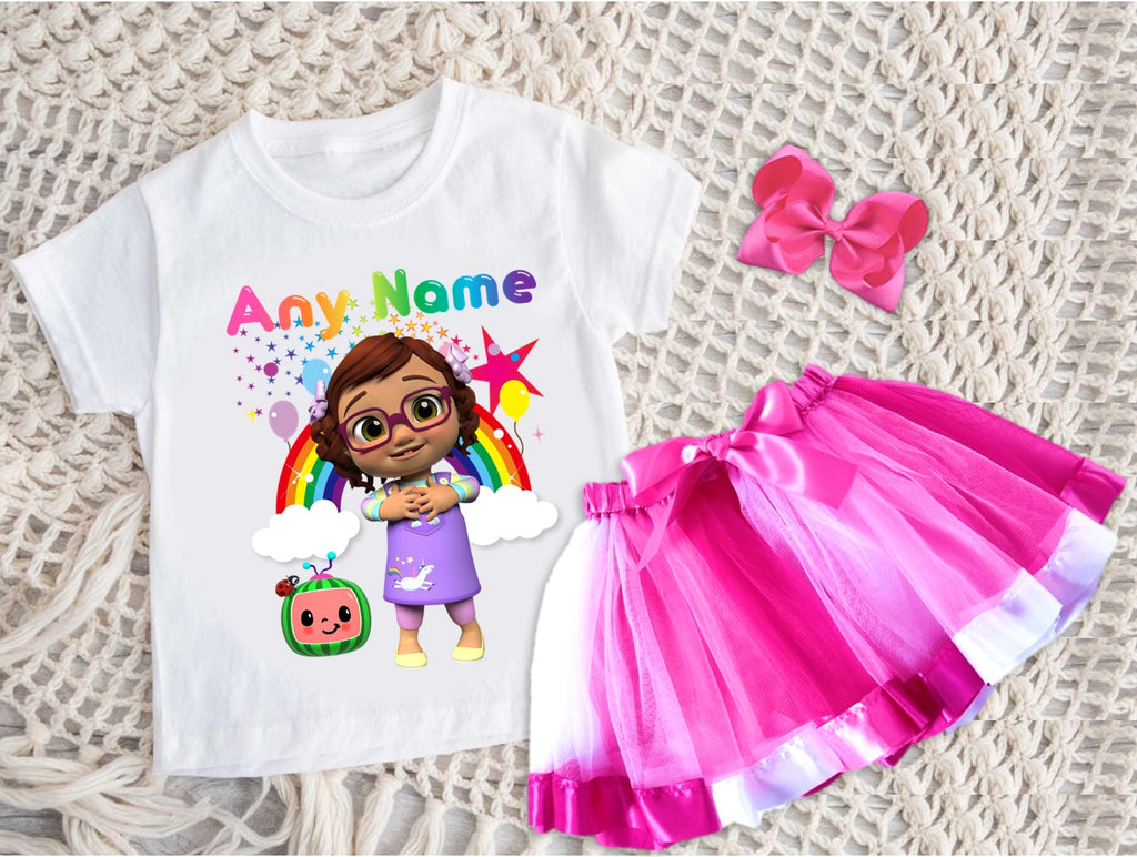 CoComelon Girl Bella Tutu Set Girls Personalized Custom Hot Pink White Pink Ribbon Tutu Outfit Dress Theme Cake Smash Party