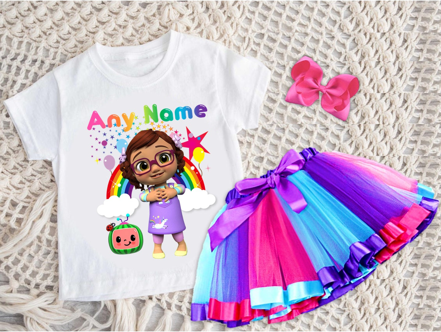 CoComelon Girl Bella Tutu Set Girls Personalized Custom Hot Pink Blue Purple Ribbon Tutu Outfit Dress Theme Cake Smash Party